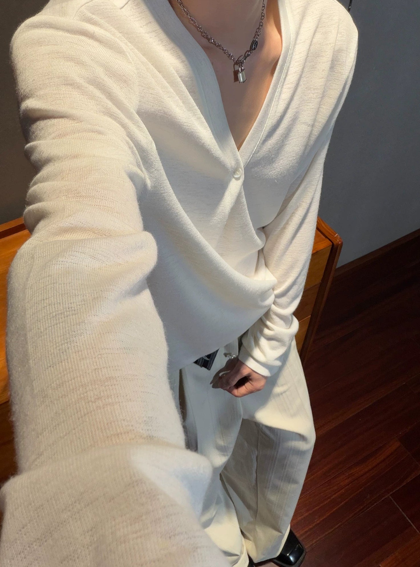 Deep V-Neck Relaxed Long Sleeve Tee