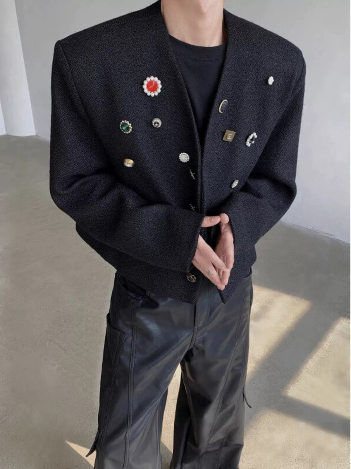 Black Collarless Button-Detail Cropped Jacket