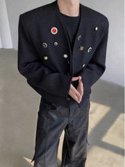 Black Collarless Button-Detail Cropped Jacket