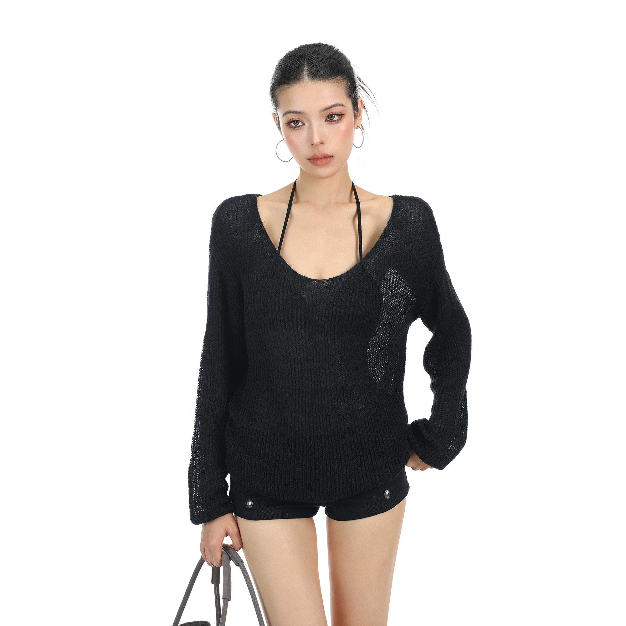 【26s May】Hollow V-Neck Sheer Knit Oversized Top