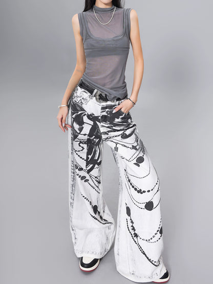 【25s Jul.】Ink-Print Washed High-Waist Loose Jeans
