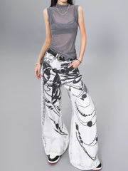【25s Jul.】Ink-Print Washed High-Waist Loose Jeans