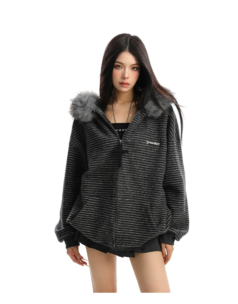 【25s Nov.】Striped Detachable Fur Collar Hooded Sweatshirt