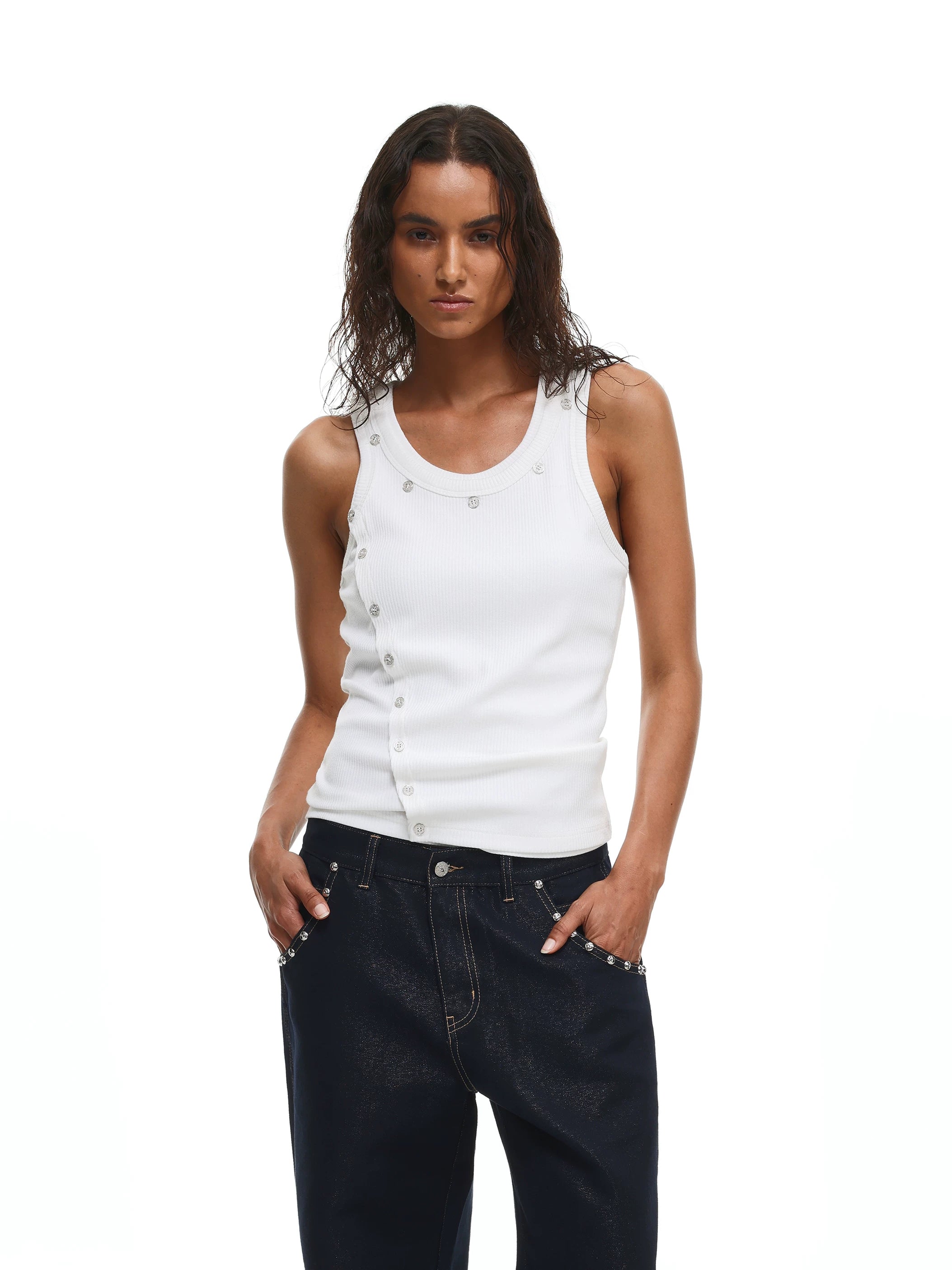 【26s May】Asymmetric Button Deconstructed Slim Tank Top