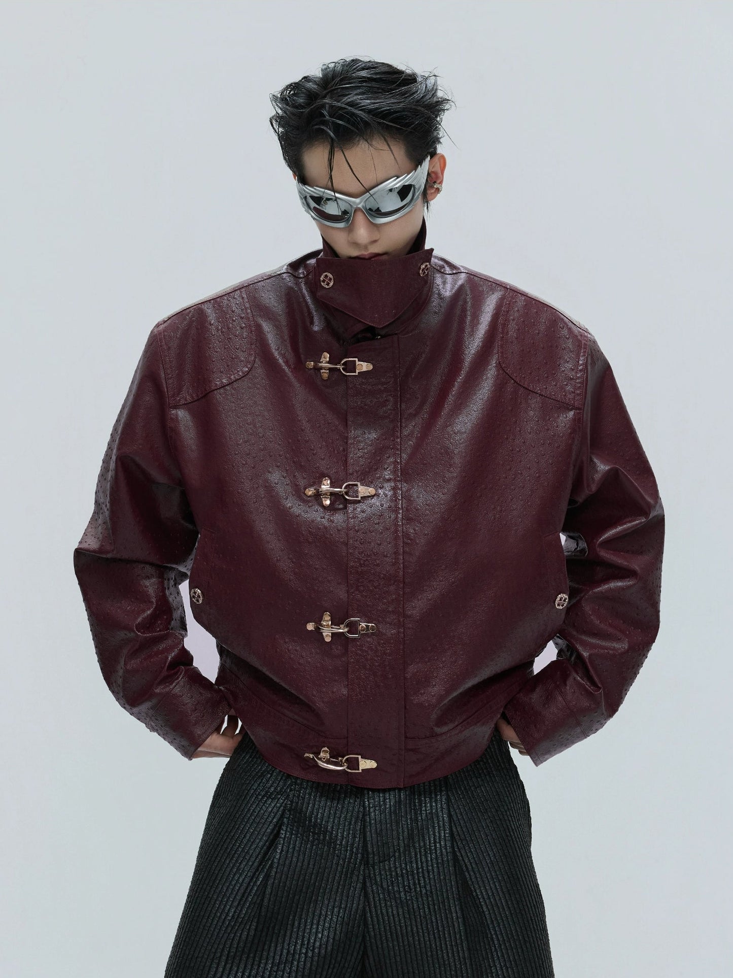 【25s Nov.】Ostrich Leather Aircraft Button Plush Leather Jacket