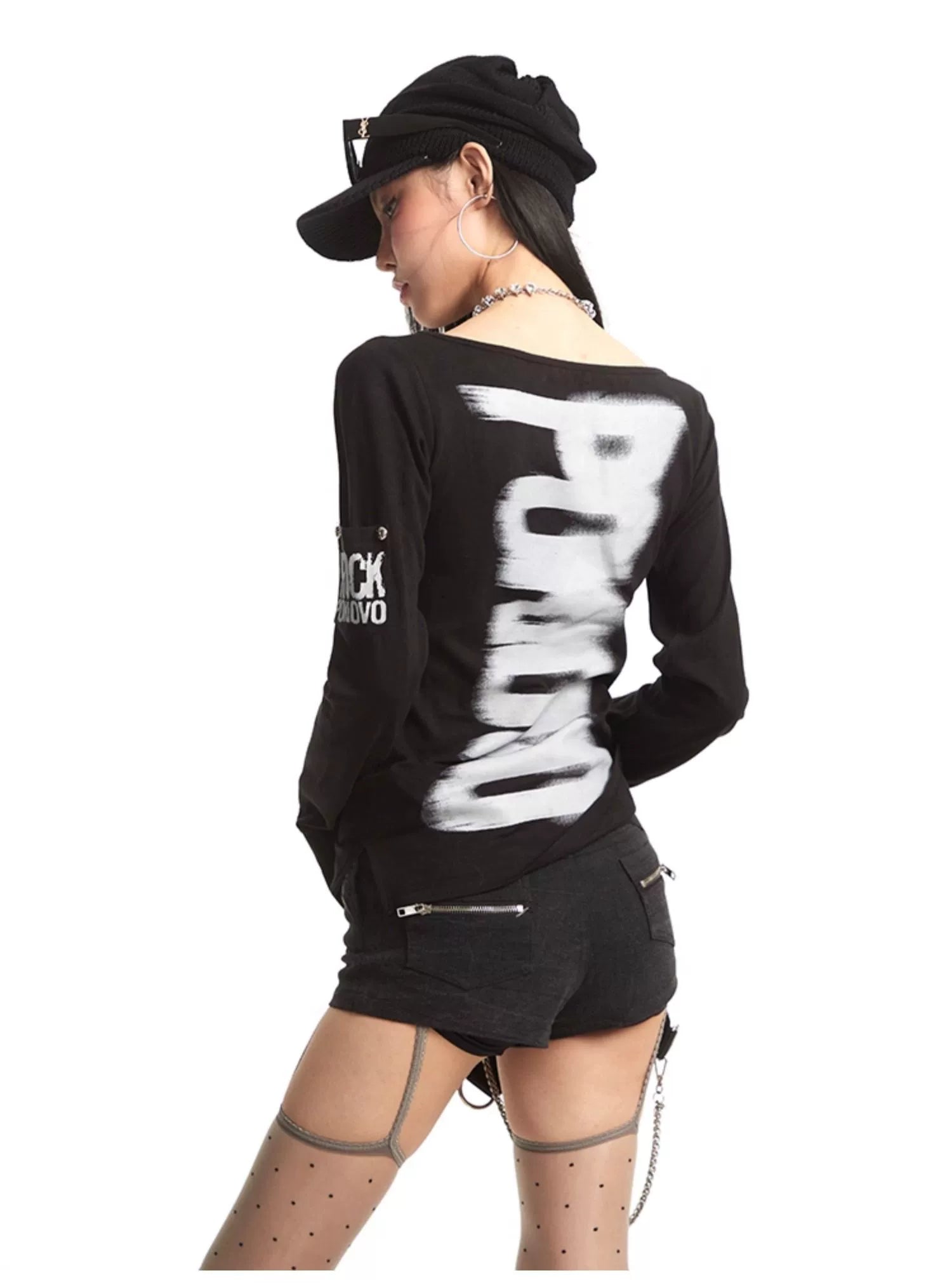 【25s Dec.】Retro Letter Print Off-shoulder Base Layer