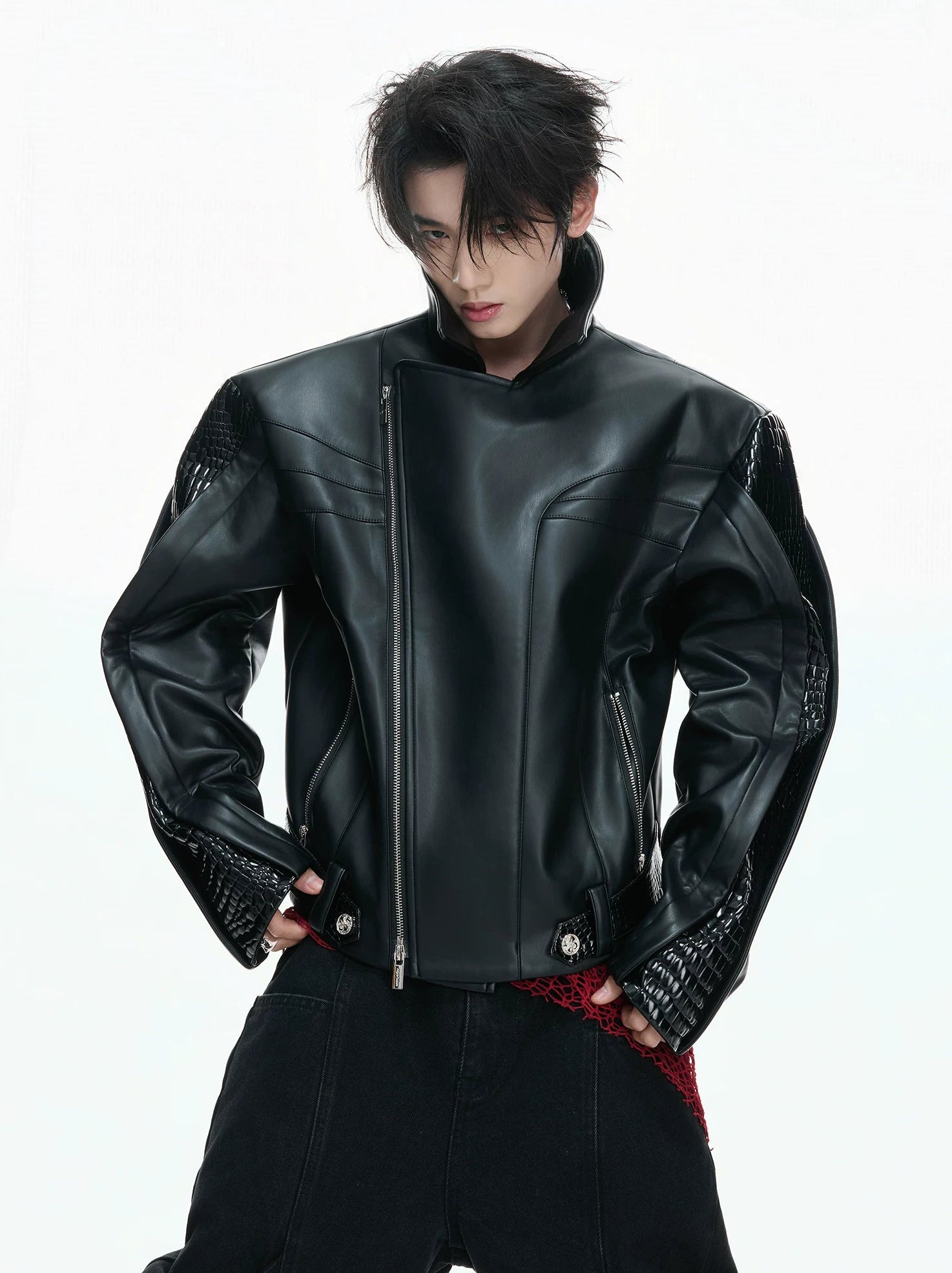 【26s Feb.】Deconstructed Croc-Embossed Asymmetric Zip Leather Jacket