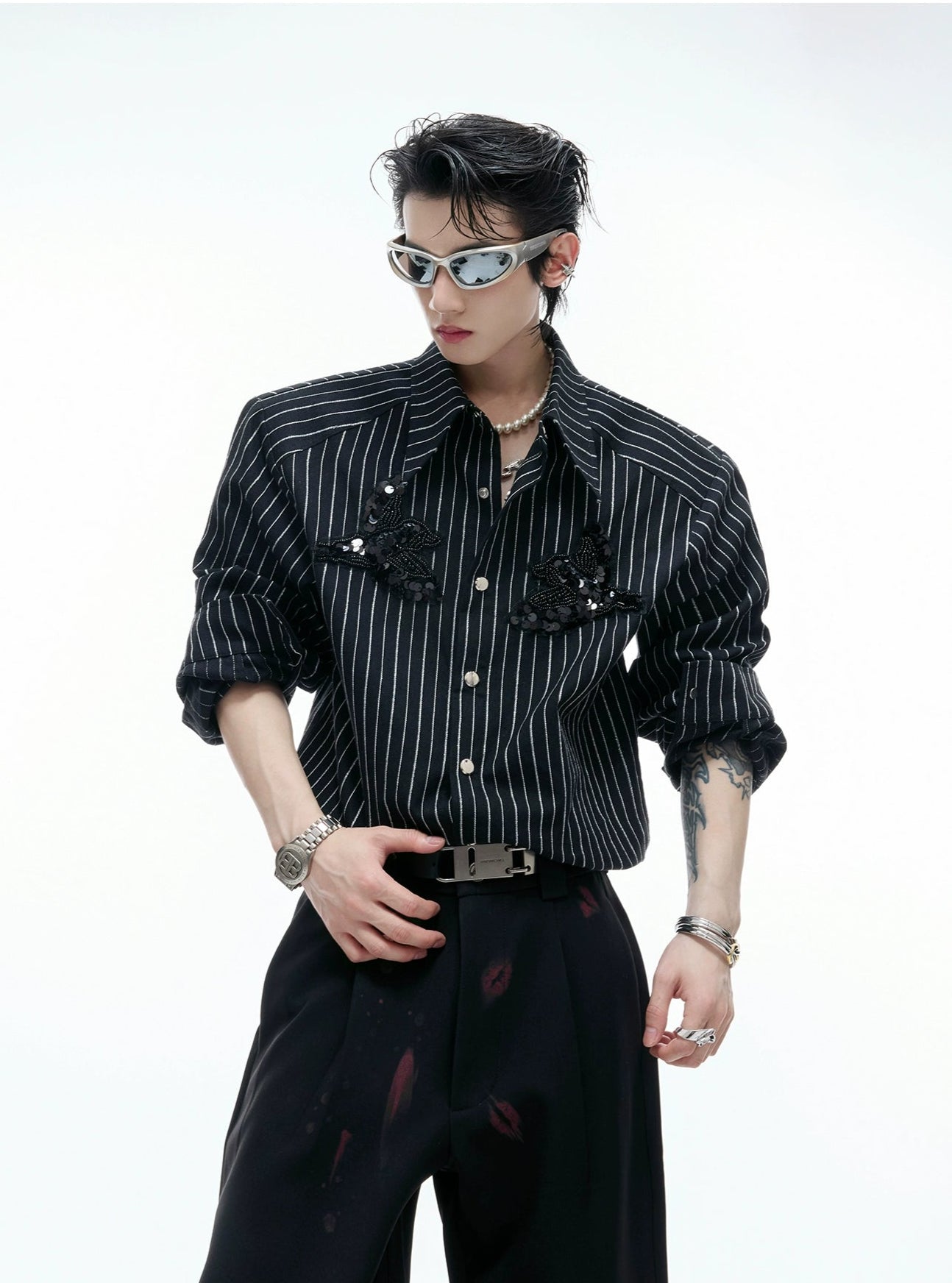 【25s Aug.】Striped Sequin-embroidered Linen Shirt