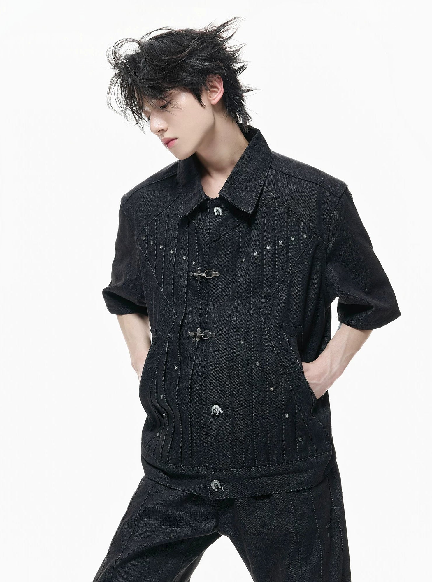 【26s Apr.】Horseshoe-Buckle Ruched Short-Sleeve Denim Jacket / Jeans