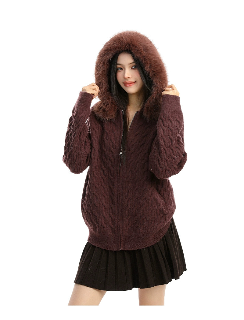 【25s Dec.】Detachable Fur Collar Cable Knit Hooded Sweater