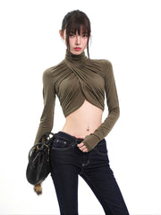 【26s Feb.】Army Green High-Neck Ruched Slim Cropped Top