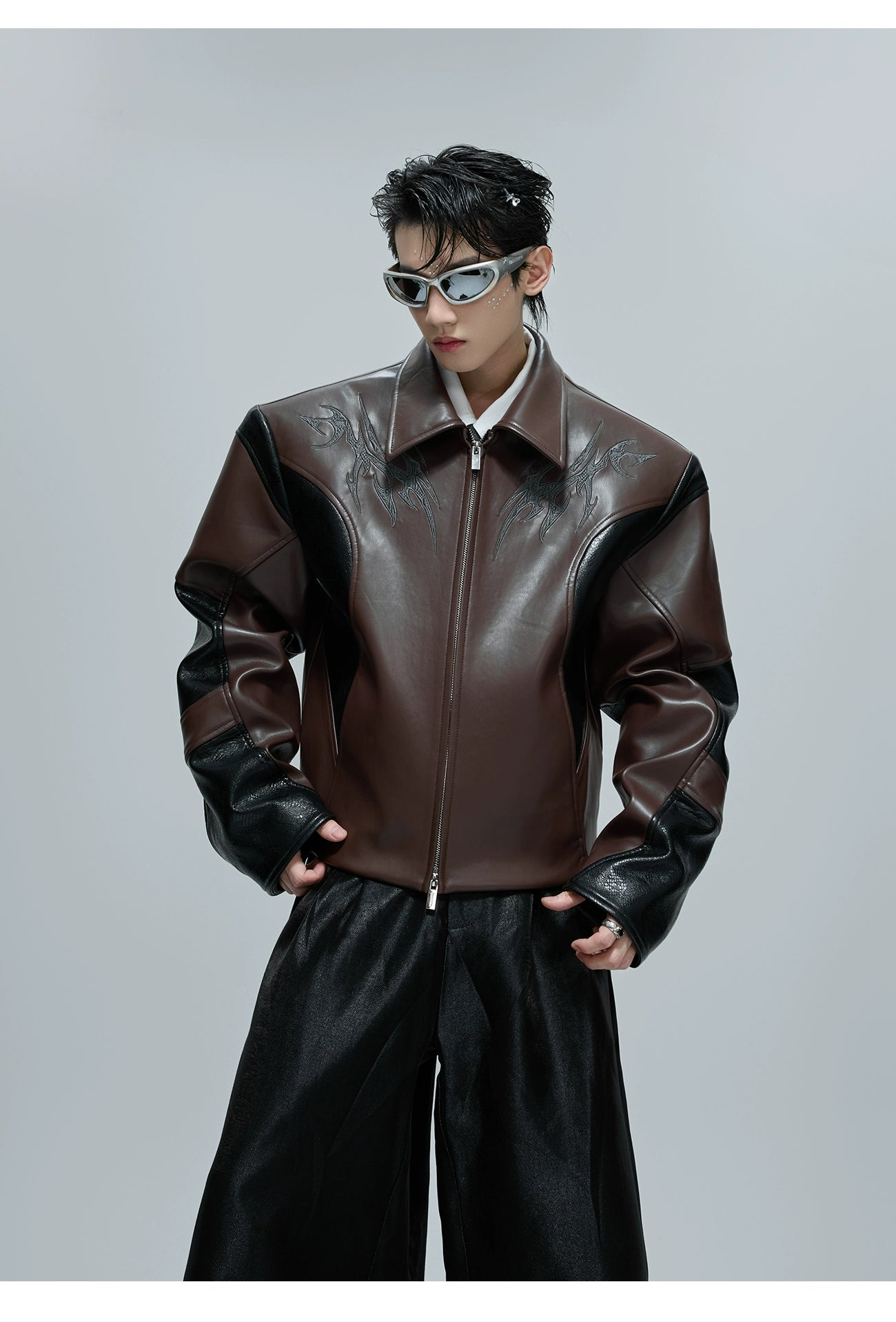 Embroidered Cropped Stand-up Collar Leather Jacket