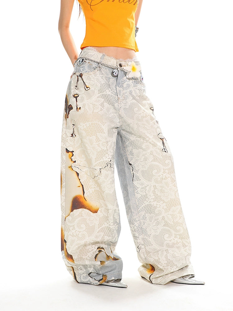 【25s Jun.】Burnout Lace Print Heavyweight Denim Wide-Leg Pants