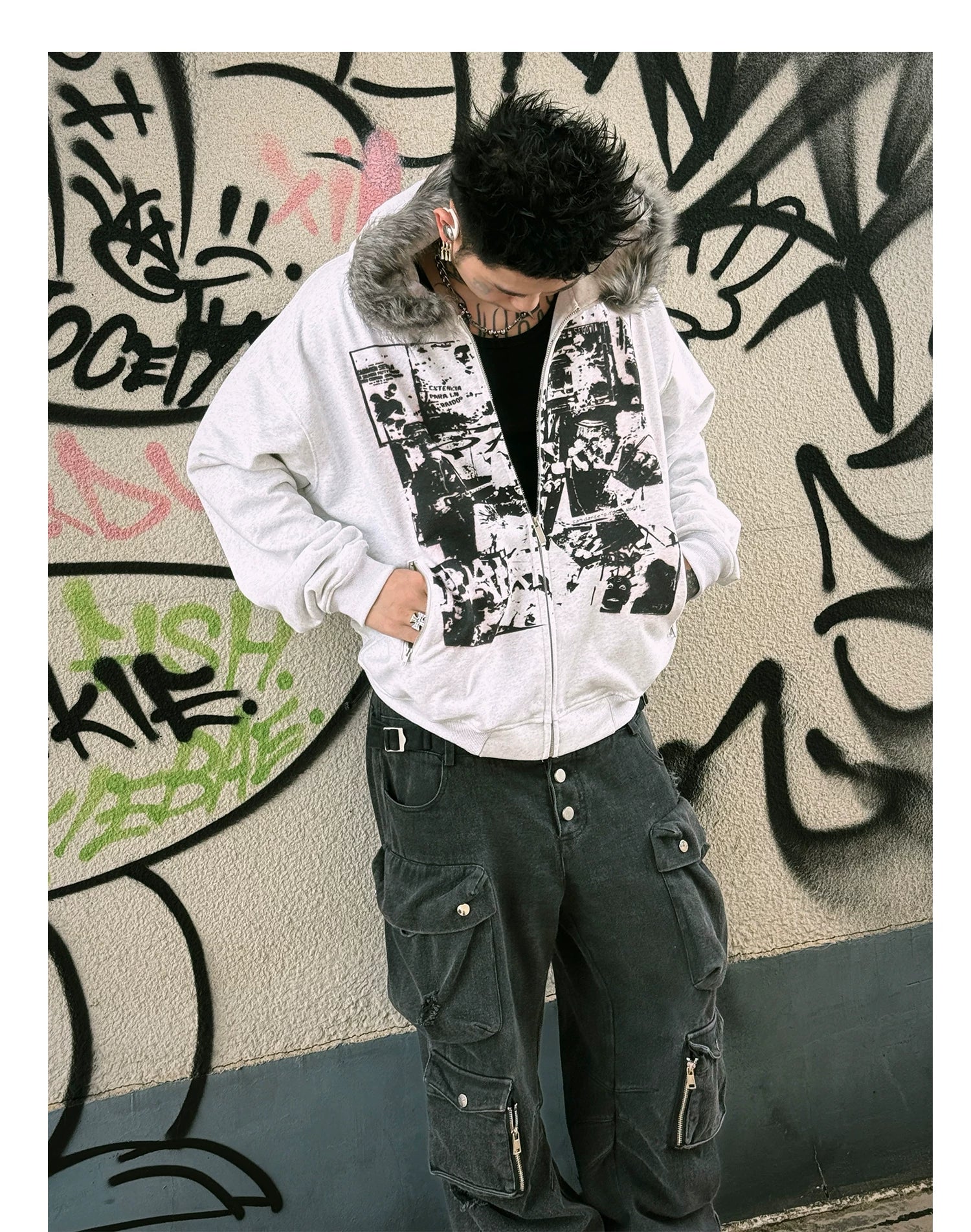 【26s Jan.】Vintage Printed Fur-Trim Zip-Up Hoodie Jacket