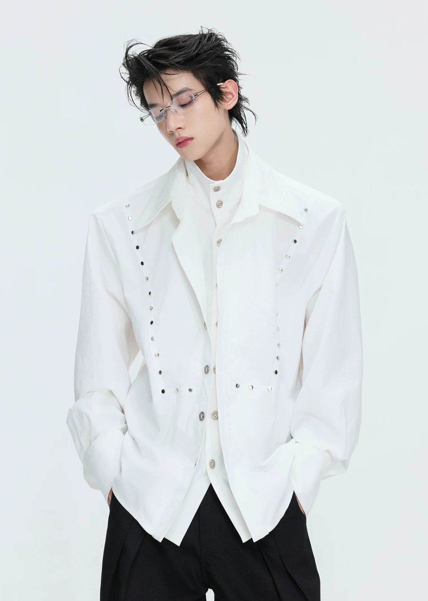 【26s May】Linen Blend Layered Studded Embroidered Shirt