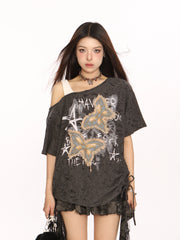 【26s May】Distressed Butterfly Patch Off-Shoulder Tee