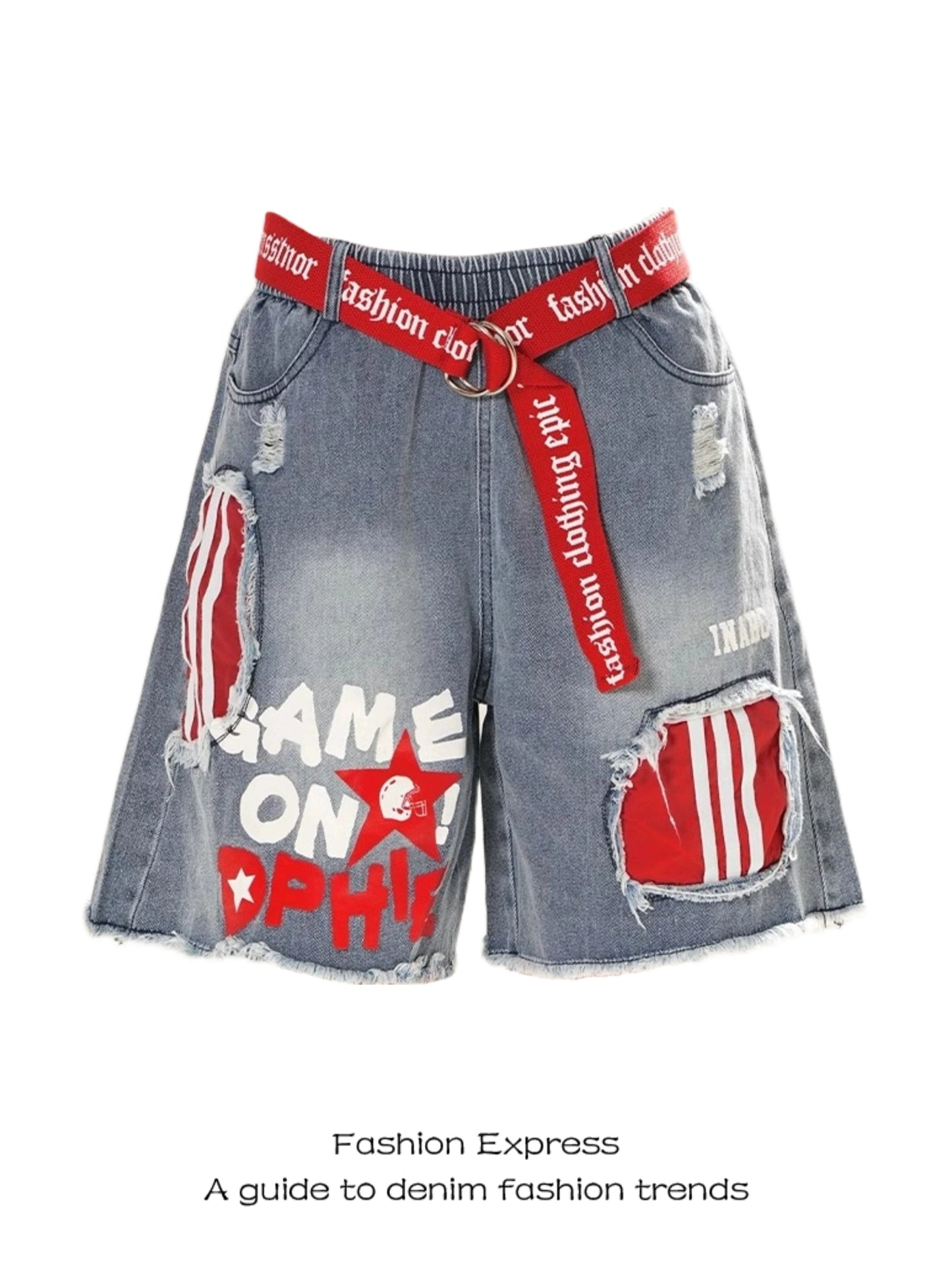 【25s Aug.】Vintage Striped Patchwork Distressed Denim Shorts