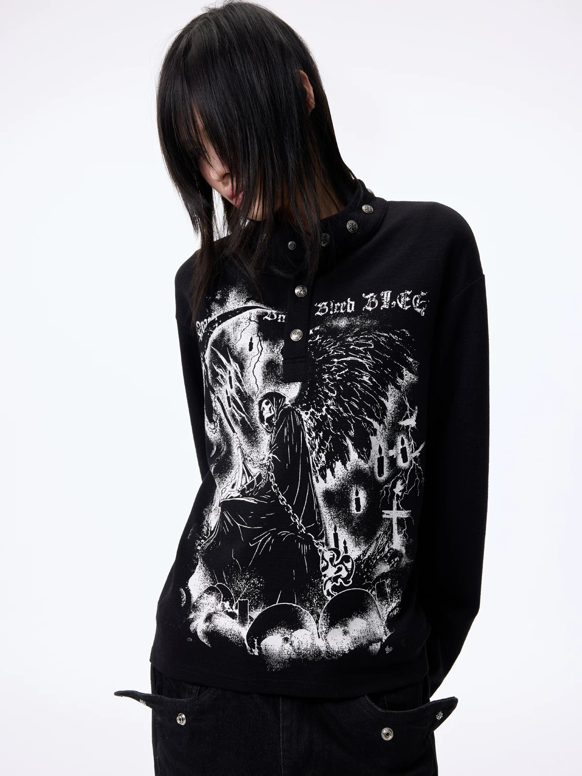 Dark Graphic Button Long Sleeve Tee