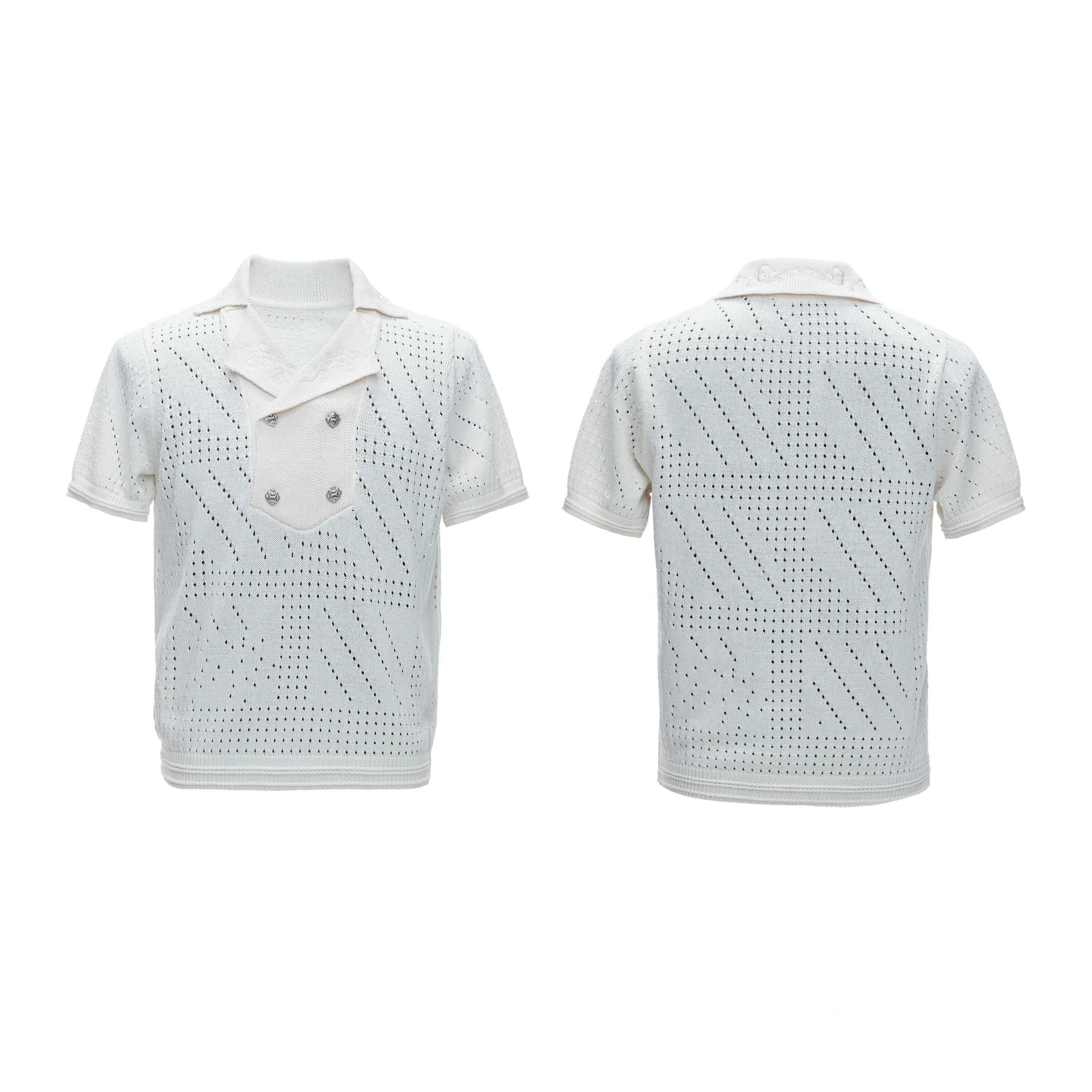 Openwork Embroidered Knit Polo Tee