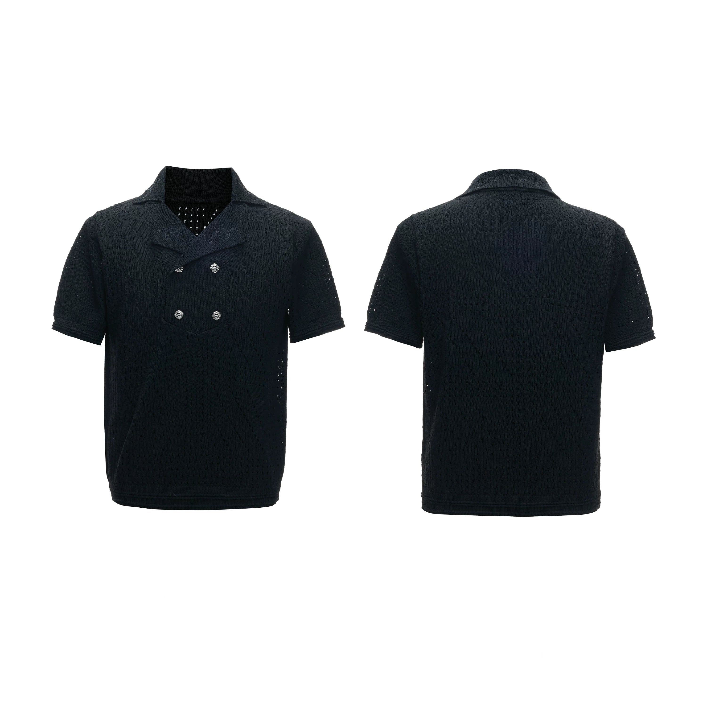 Openwork Embroidered Knit Polo Tee