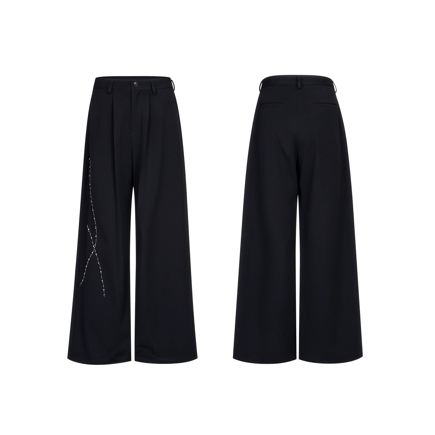【25s Sep.】Short Rhinestone Collarless Jacket with Padded Shoulders / Trousers