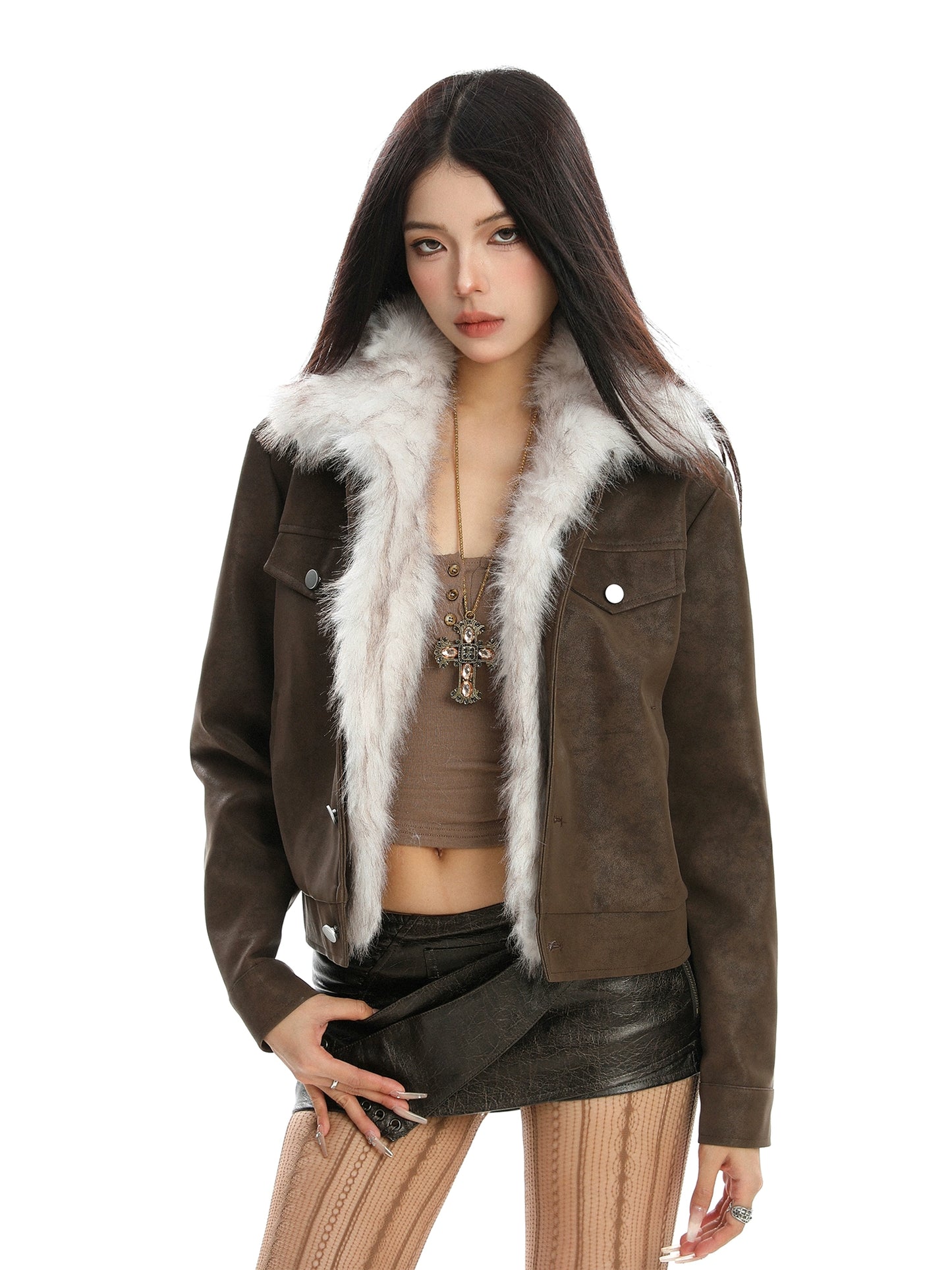 【25s Nov.】Fur Collar Slim-fit Leather Jacket