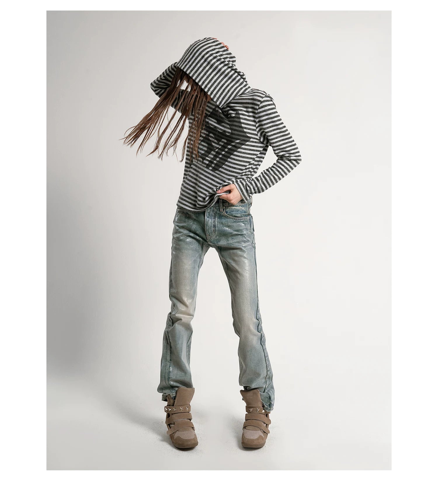 Ice Blue Crack Washed Flared Denim Jeans