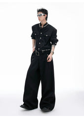 【25s Aug.】Pearl Embellishment Elegant Collarless Loose Denim Jacket / Jeans