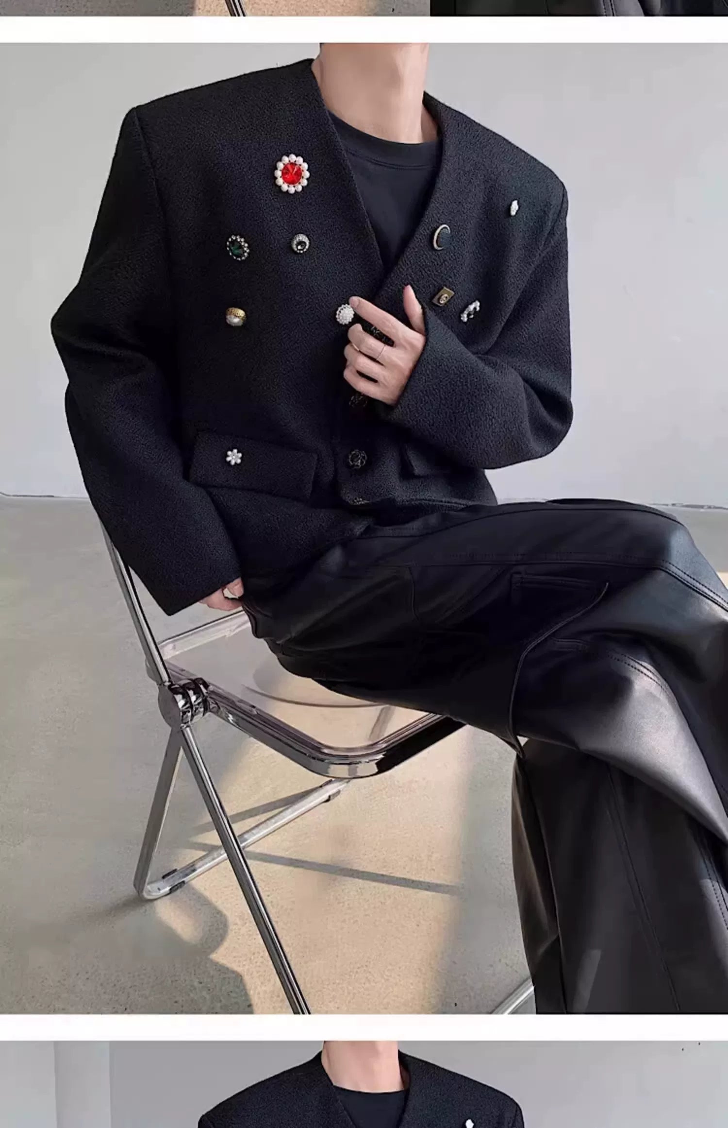 Black Collarless Button-Detail Cropped Jacket