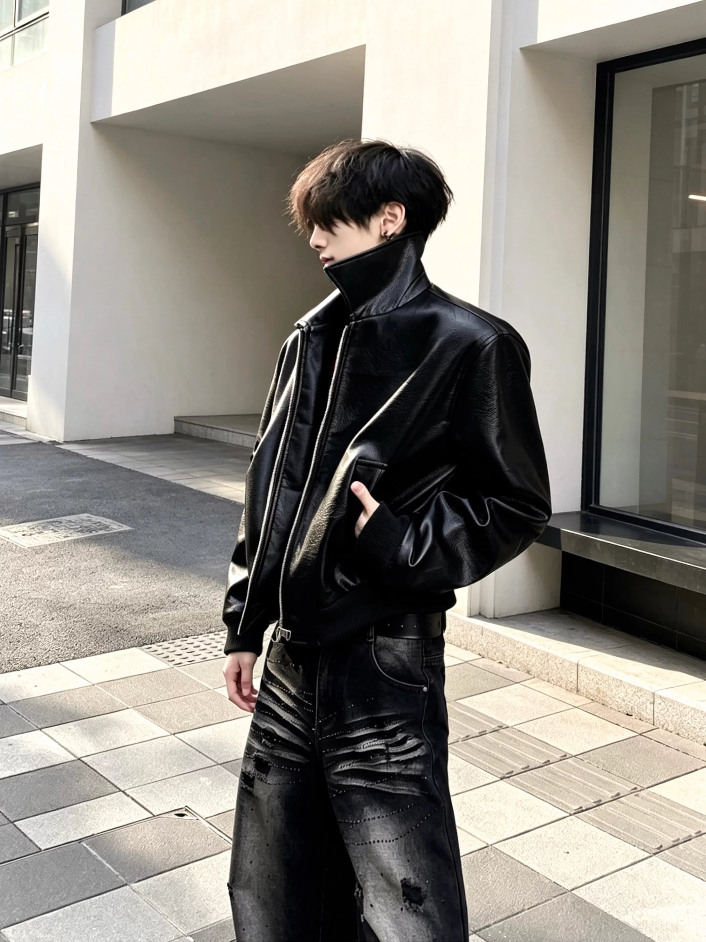 Textured Black Leather Moto Jacket