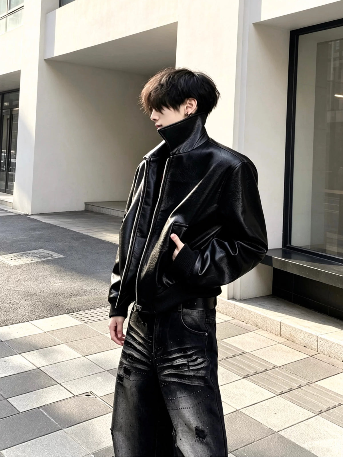 Textured Black Leather Moto Jacket