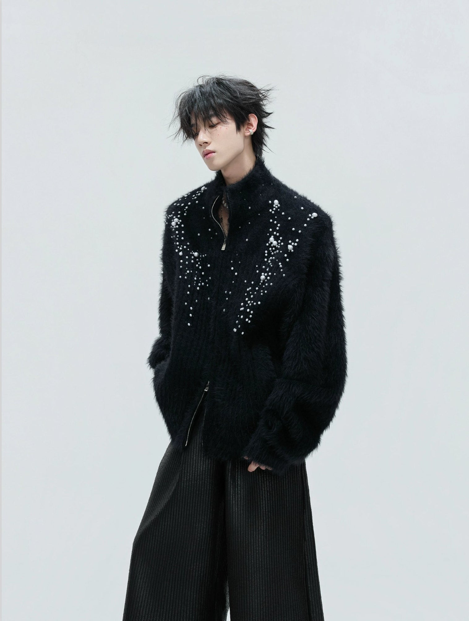 【25s Nov.】High-neck Plush Pearl Embellished Sweater