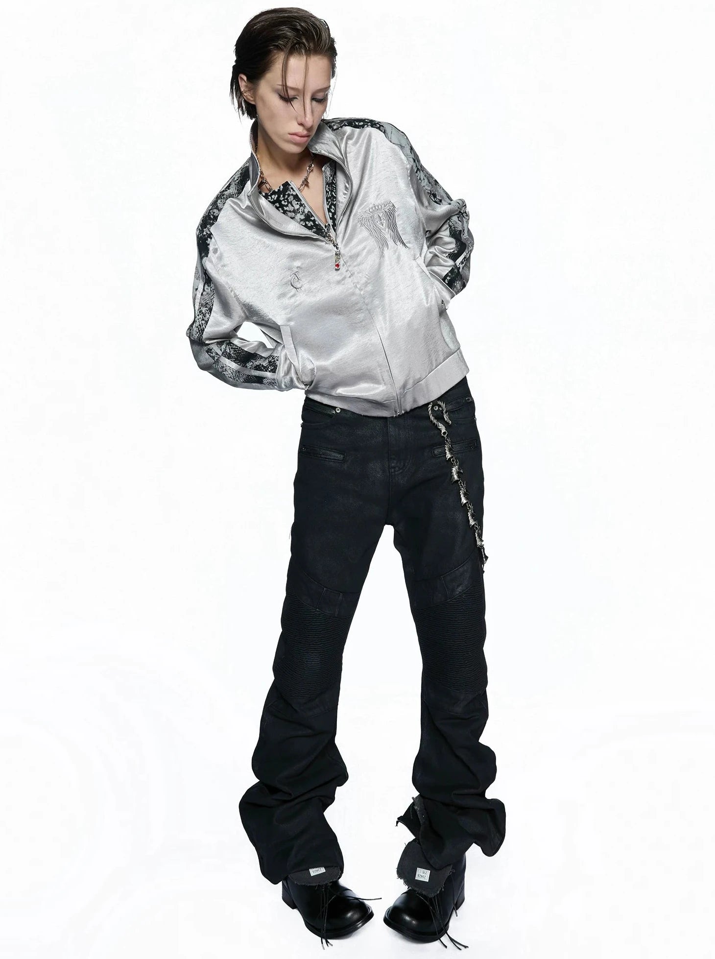 Broken Wing Satin Snake-Patterned Layered Stand Collar Jacket