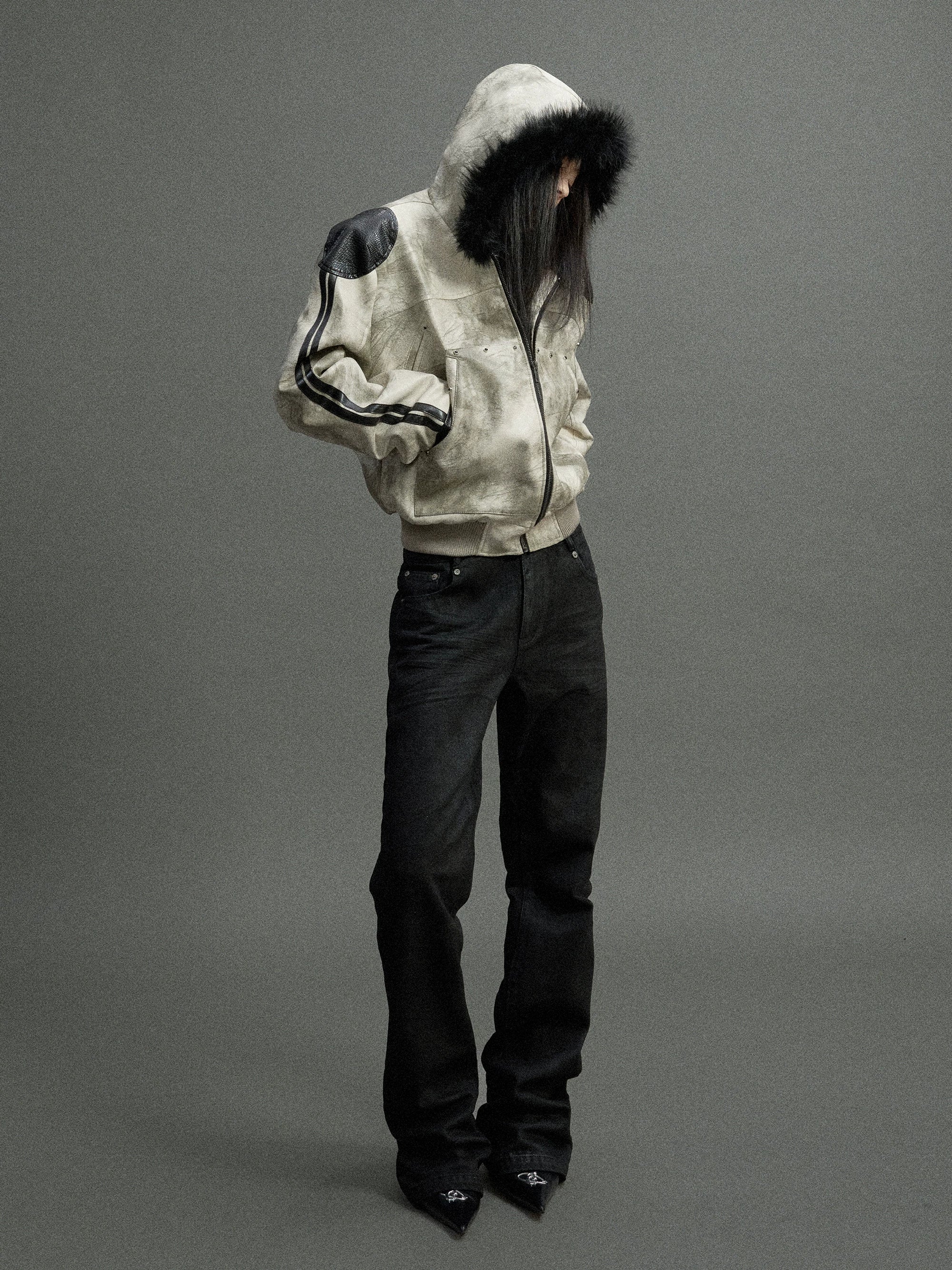 Vintage Snake-Panel Hooded Fur Jacket