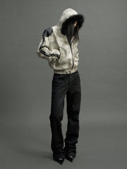 Vintage Snake-Panel Hooded Fur Jacket