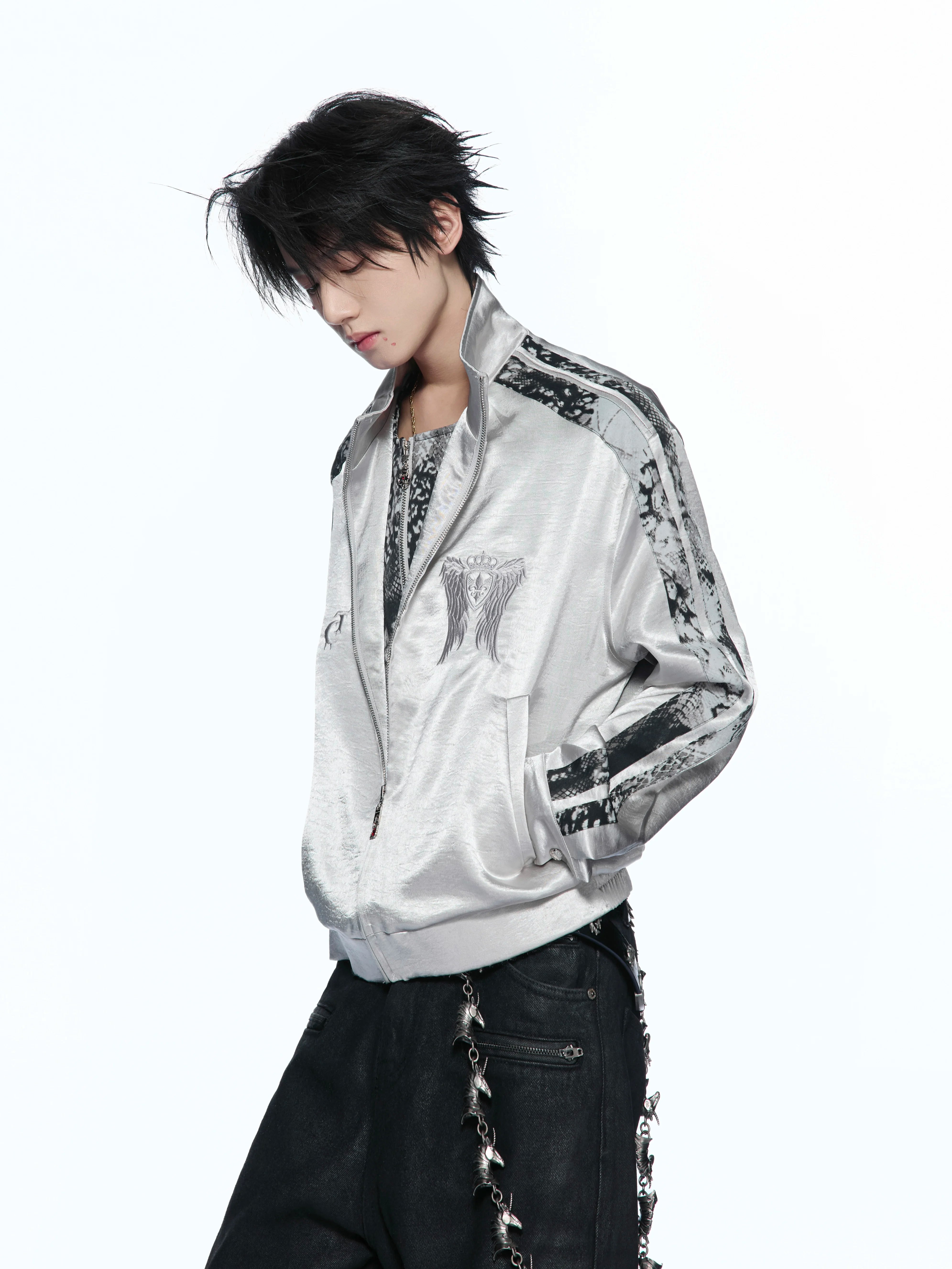 Broken Wing Satin Snake-Patterned Layered Stand Collar Jacket