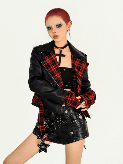 【25s Oct.】Punk Rock Plaid Leather Jacket
