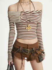 【25s Aug.】Off-Shoulder Striped Slim Fit Vintage Long Sleeve