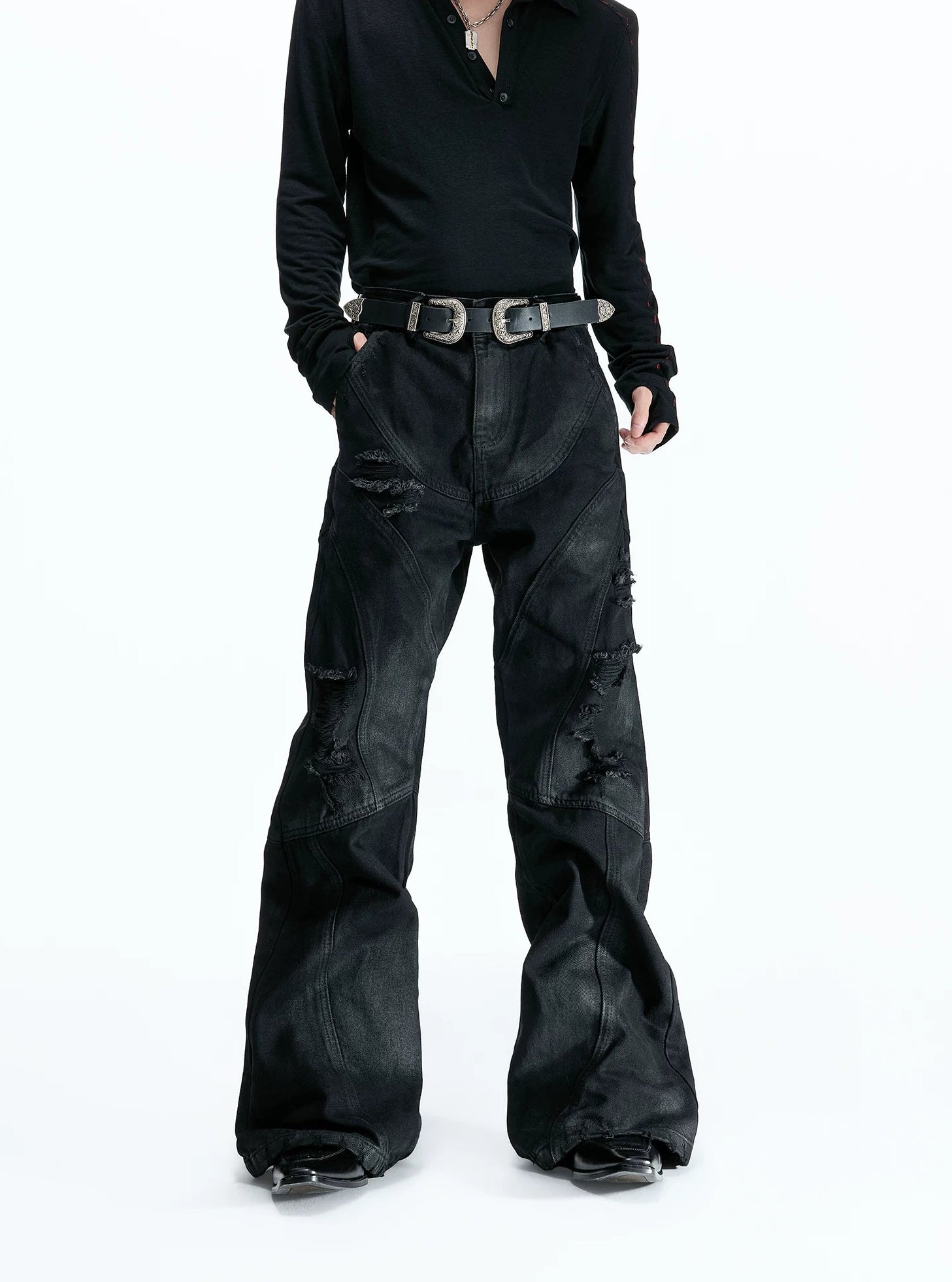 Deconstructed Wax Coated Flared Jeans