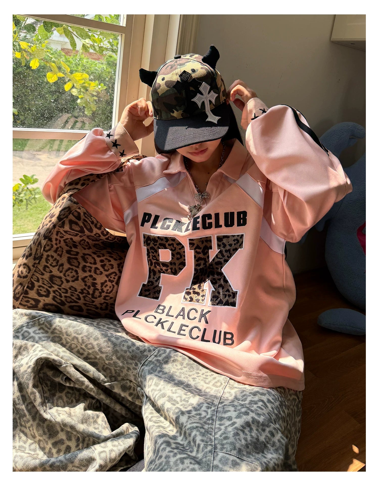 【26s Apr.】Leopard Stripe Oversized Polo Long Sleeve Tee