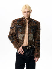 【25s Oct.】Leopard Print Leather and Rhinestone Stand Collar Jacket