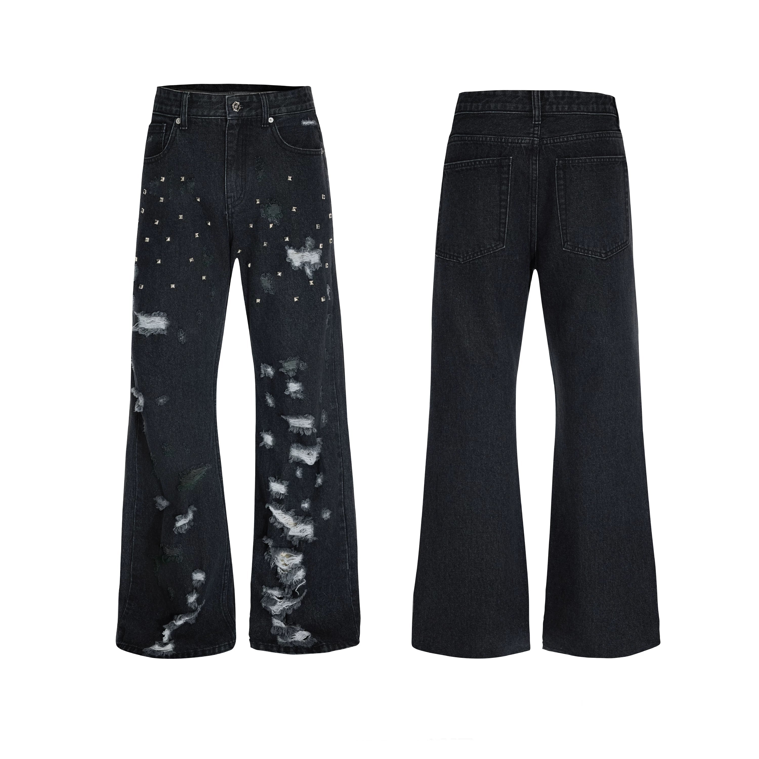 【26s Apr.】Distressed Studded Irregular Flared Denim Pants