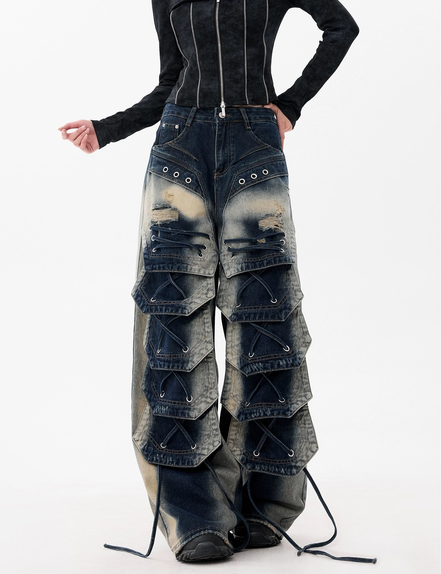 【25s Dec.】Distressed Patchwork Punk Wasteland Style Jeans