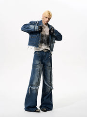 【25s Oct.】Distressed Raw-edge Metal Rivets Denim Jacket