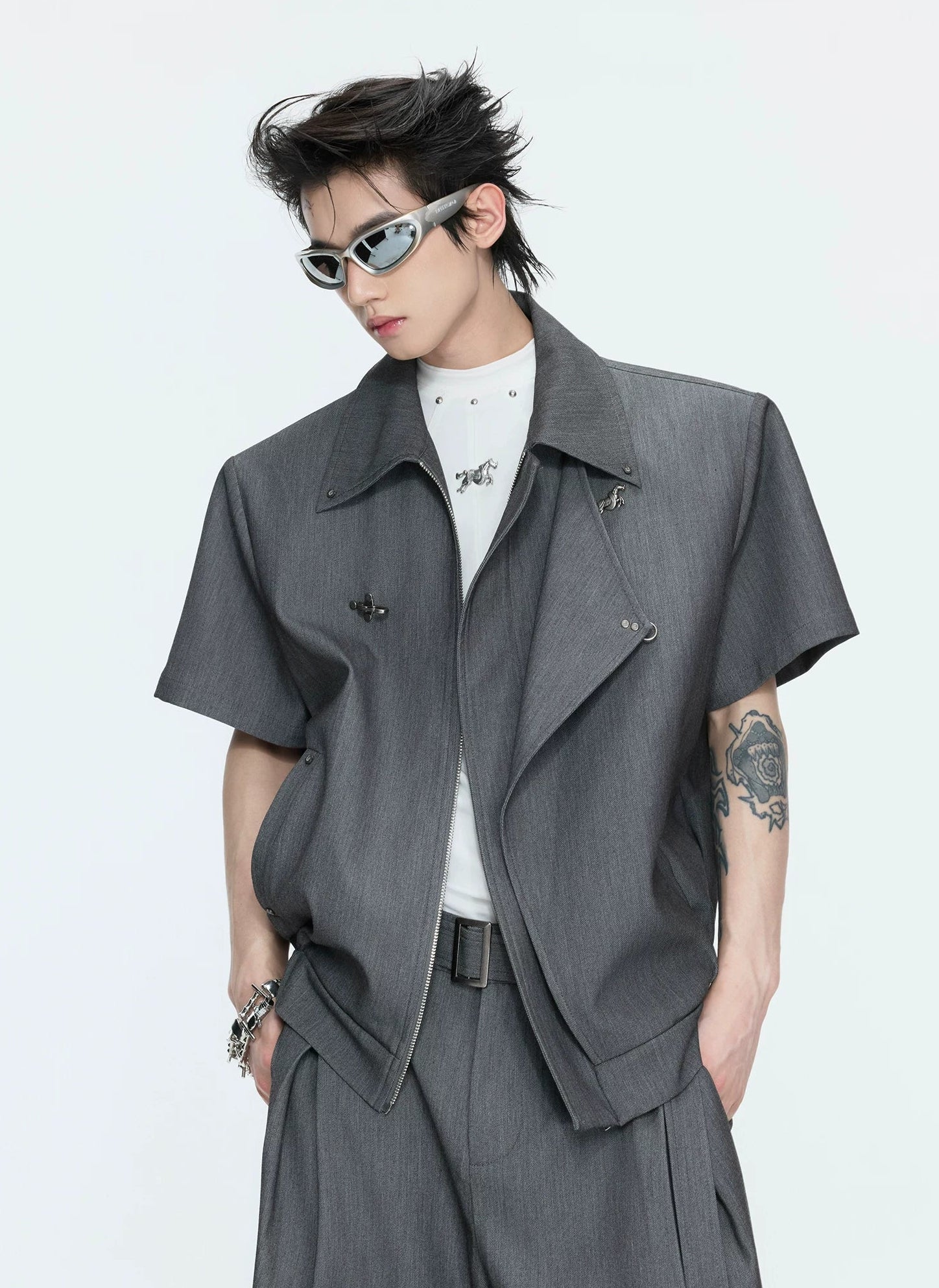 【26s May】Asymmetric Layered Cropped Shoulder Jacket Set