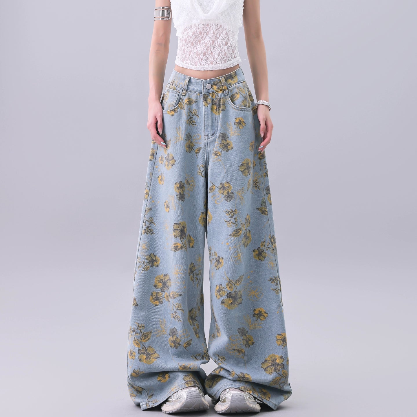 【25s Jul.】Vintage Printed Loose Draped Floor-Length Wide Jeans