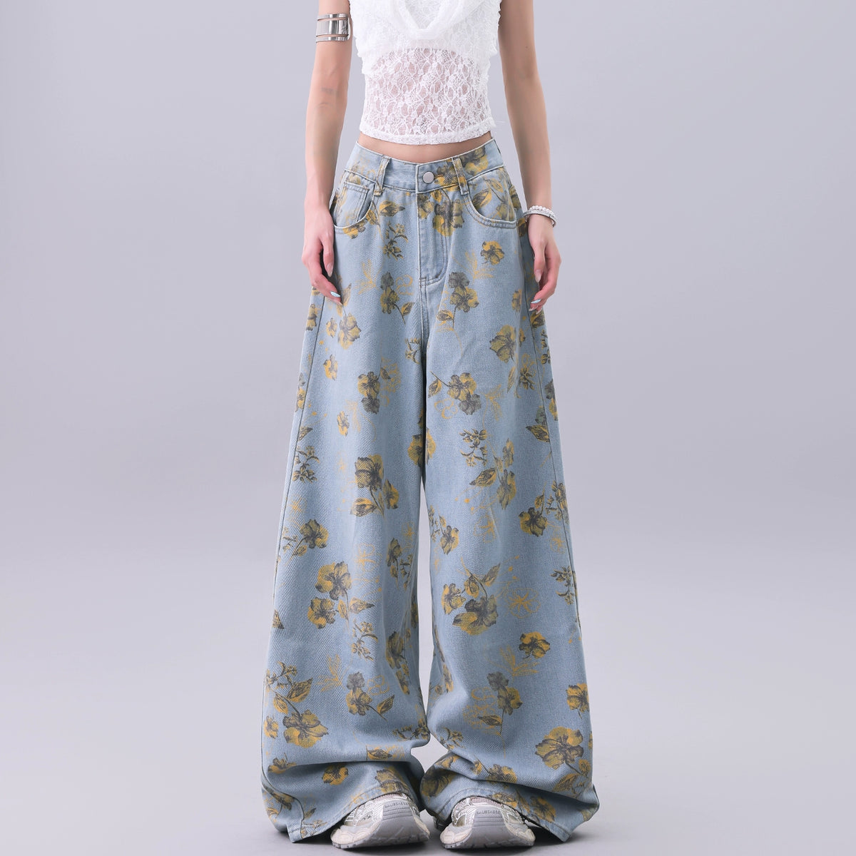 【25s Jul.】Vintage Printed Loose Draped Floor-Length Wide Jeans