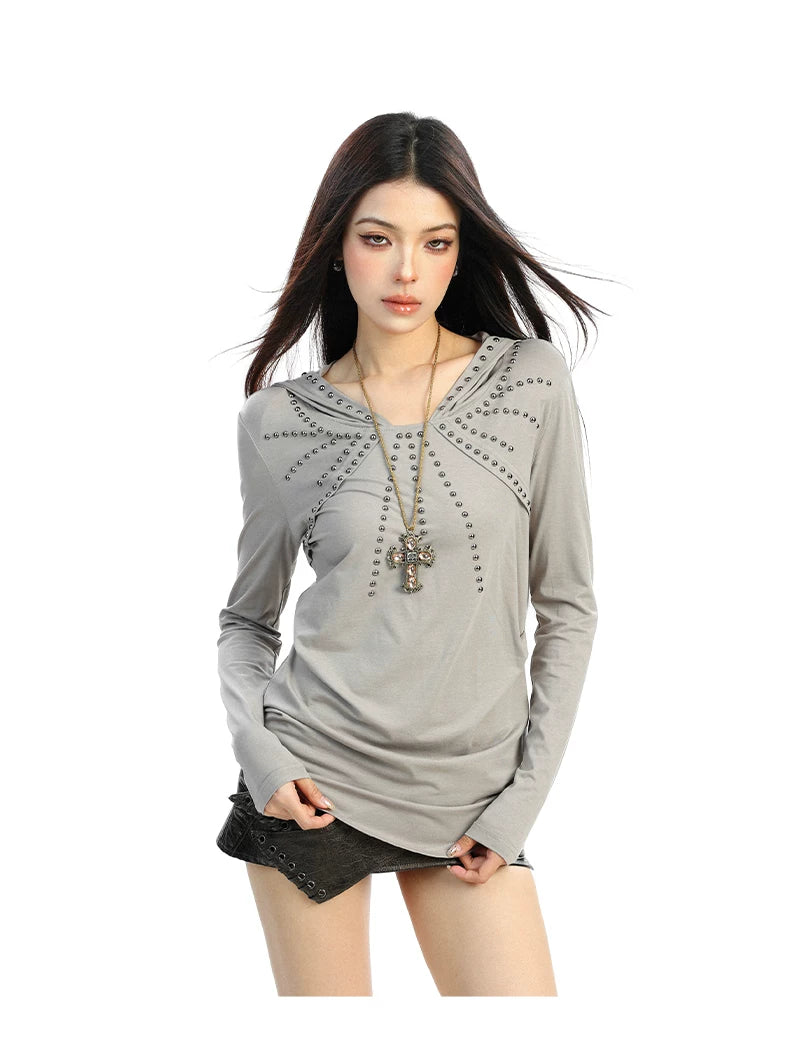 【26s Feb.】Studded Hooded Long-Sleeve Waist-Fit Top