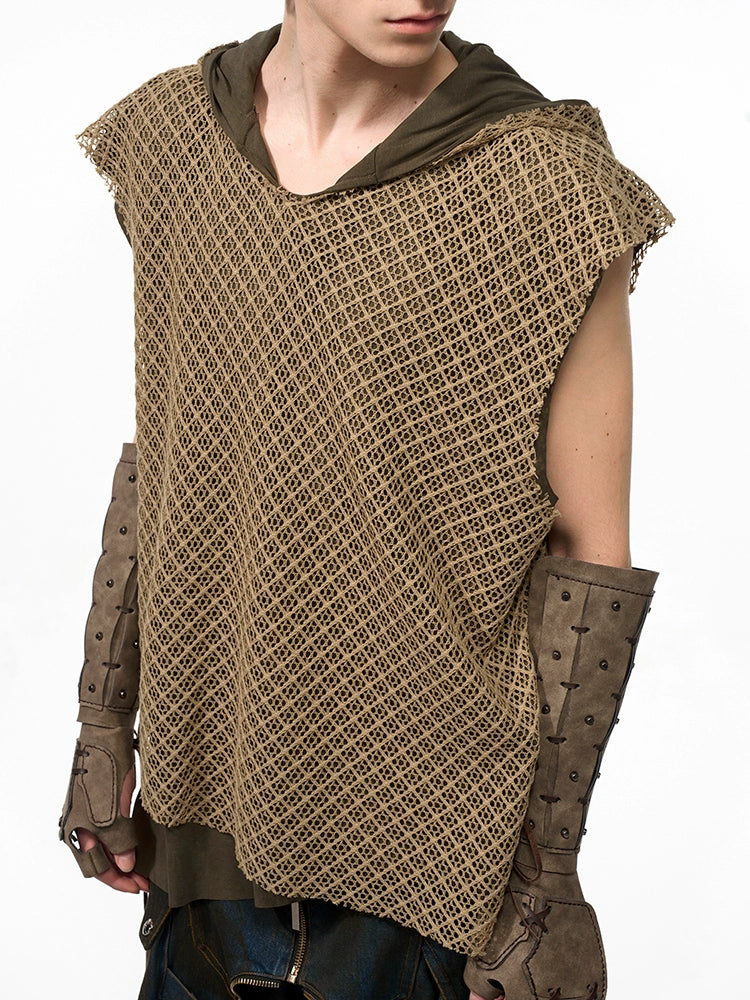 【25s Aug.】Washed Hooded Layered Sleeveless Mesh Vest