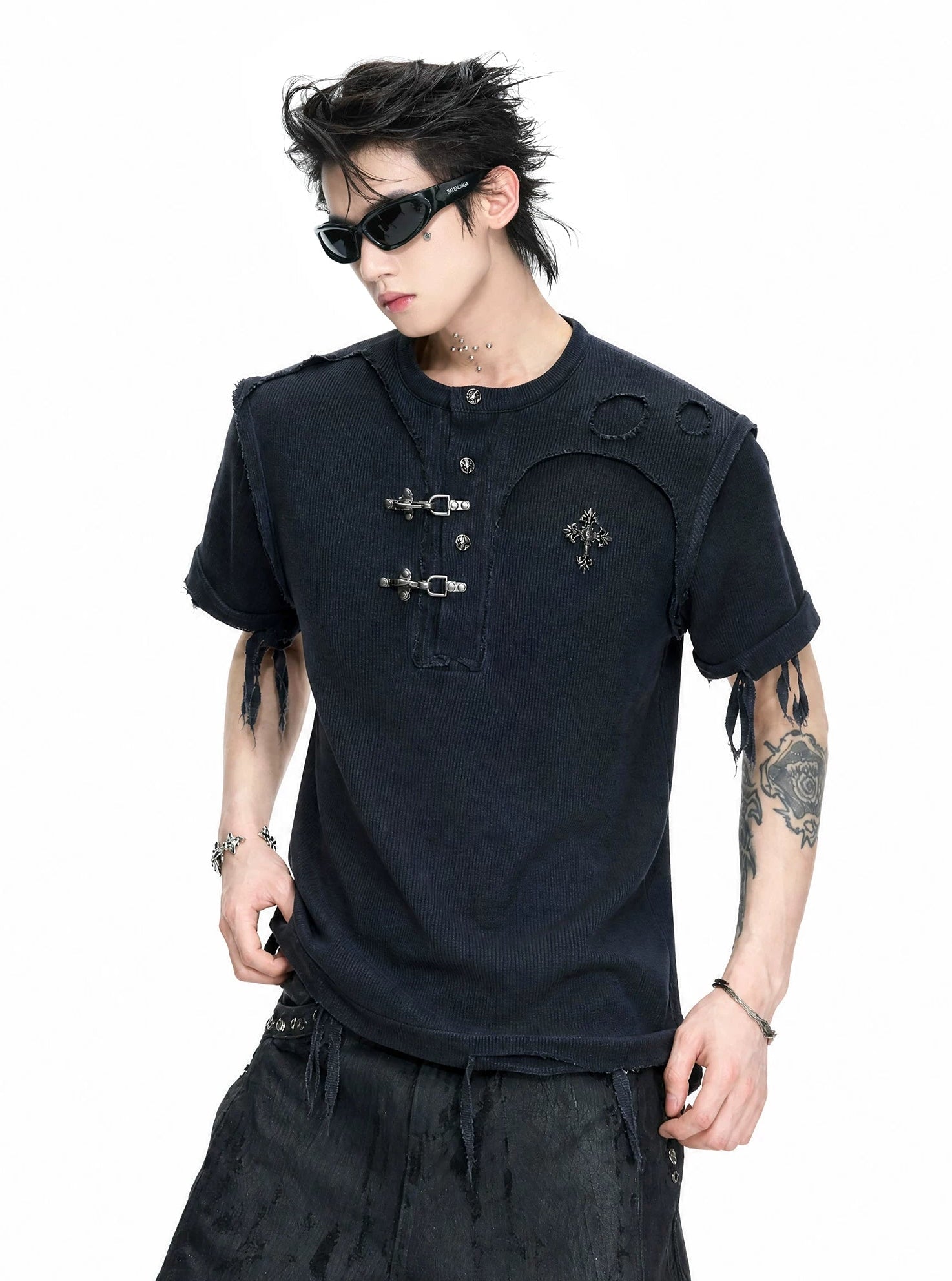 Distressed Rib Texture Henley Tee